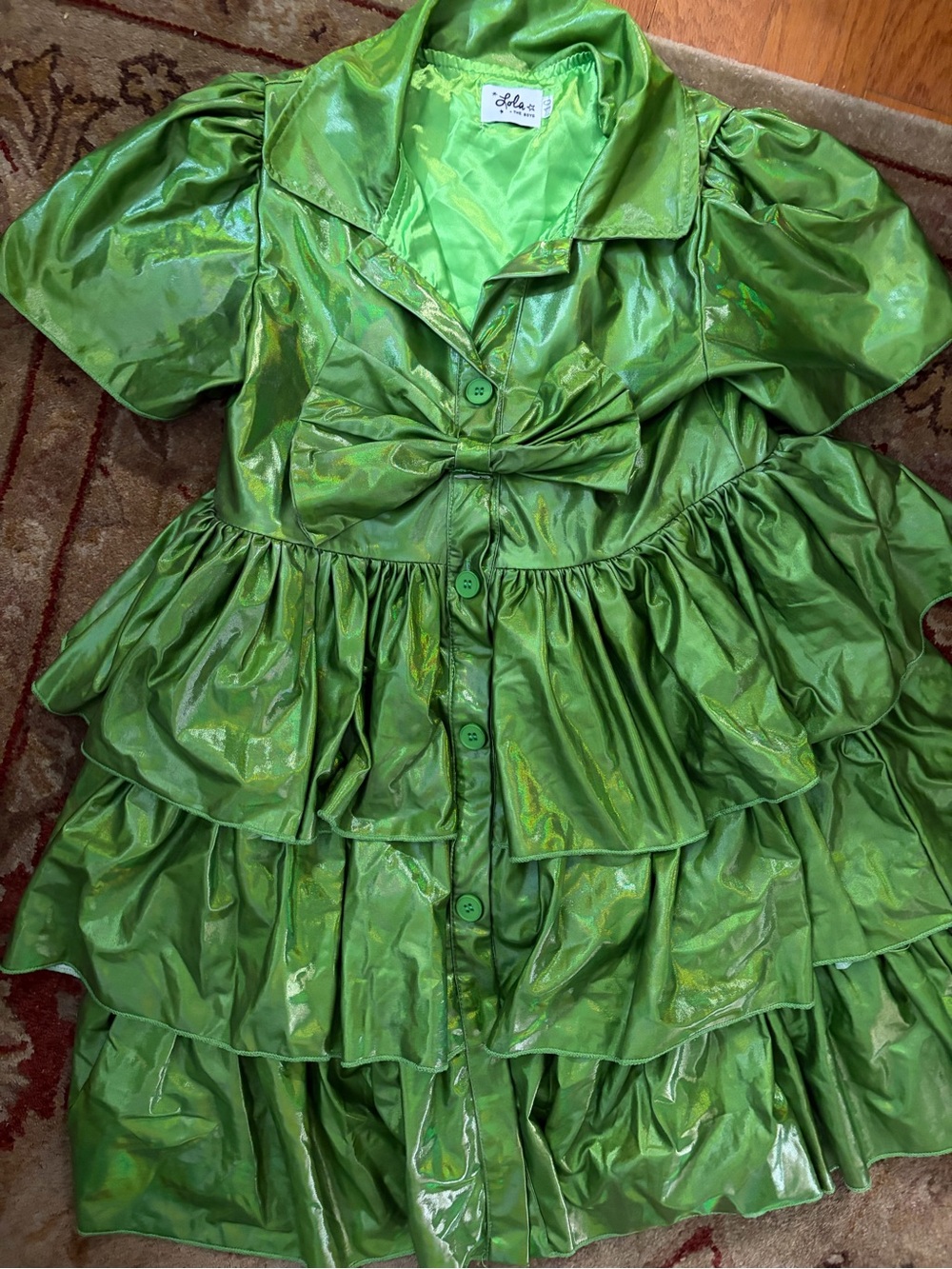 Lola + The Boys Green Metallic Ruffle Bow Dress Girls Size 10